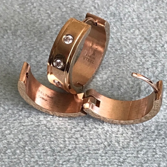 Rose Steel and CZ Hugger Hoop Earrings - Picture 5 of 6